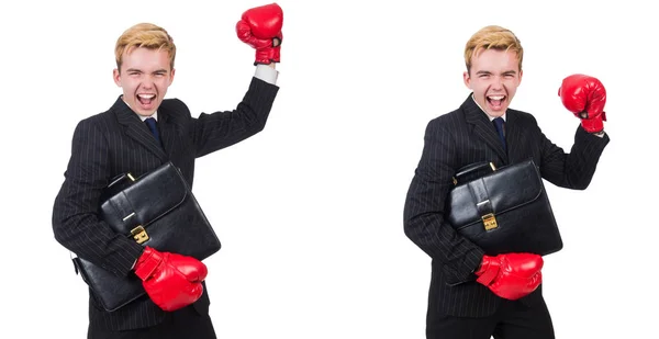 Ung anställd med boxningshandskar isolerad på vit — Stockfoto
