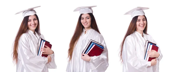 Mulher graduado isolado em branco — Fotografia de Stock