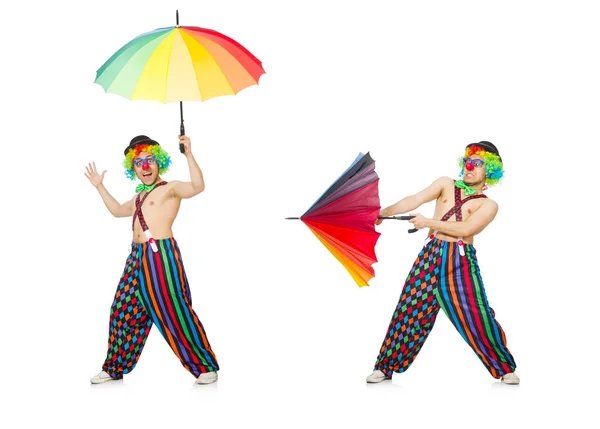 Клоун з парасолькою ізольовані на білому — стокове фото