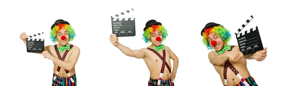 Clown avec plateau de cinéma sur blanc — Photo