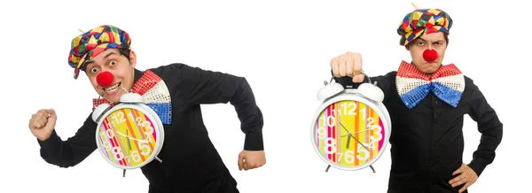 Drôle de clown avec horloge isolé sur blanc — Photo