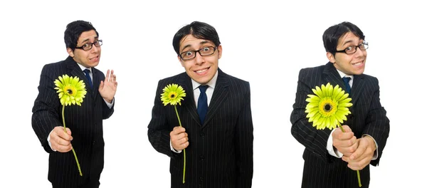 Young man in black costume with flower isolated on white — Stock Photo, Image