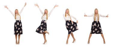 Siyah etekli, beyaz çiçekli güzel bir kız.