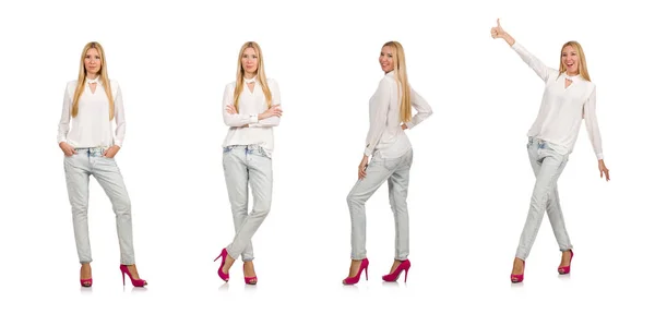 Hübsche Frau Blauen Jeans Isoliert Auf Weiß — Stockfoto