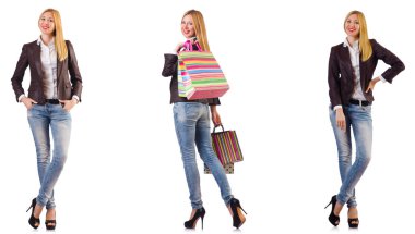 güzel bir kadın ile alışveriş torbaları üzerinde beyaz izole