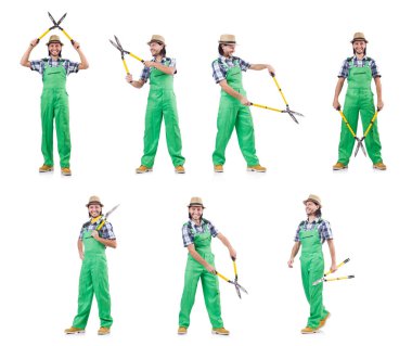 Beyaz izole makası ile komik adam