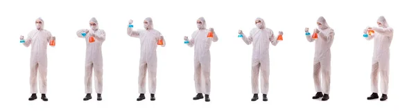 Chemicaliën die werken met giftige stoffen die op de witte rug zijn geïsoleerd — Stockfoto