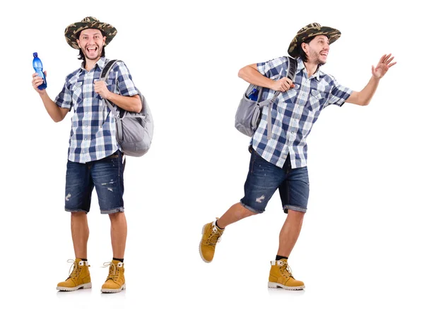 Young traveler with rucksack isolated on white — Stock Photo, Image