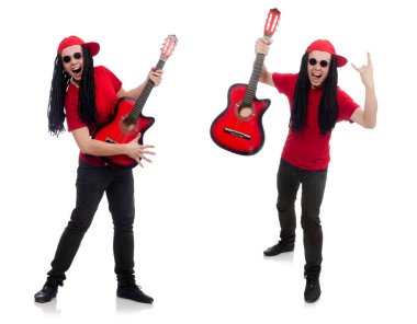 Beyaz izole gitar ile pozitif çocuk