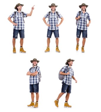 Genç seyahat beyaz izole sanal düğmesine basarak