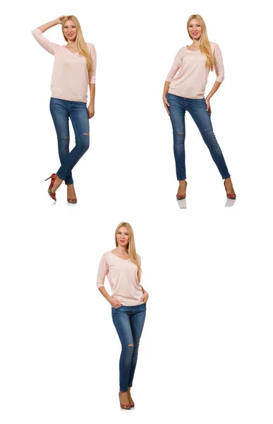 Mooie vrouw in blue jeans geïsoleerd op wit — Stockfoto