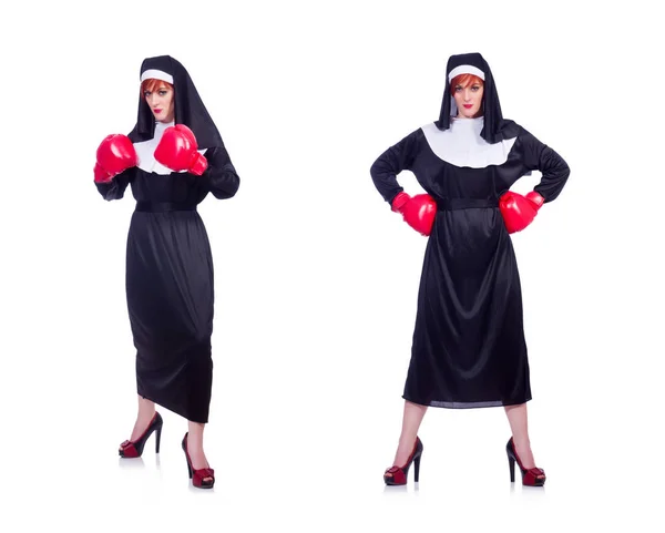 Nun with boxing gloves isolated on white — Stock Photo, Image