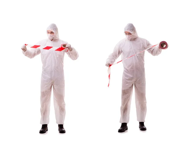 Especialista forense en traje protector aislado en blanco — Foto de Stock