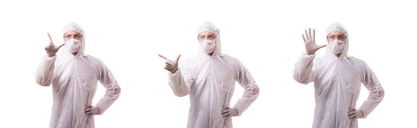 Людина в захисному костюмі ізольована на білому тлі — стокове фото