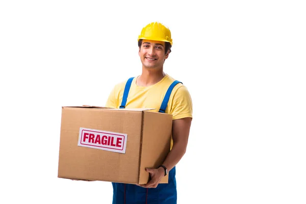 Junger Bauunternehmer mit fragilen Boxen auf weißem Grund — Stockfoto