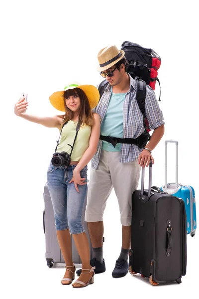 Young family preparing for vacation travel on white — Stock Photo, Image