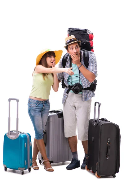 Young family preparing for vacation travel on white — Stock Photo, Image