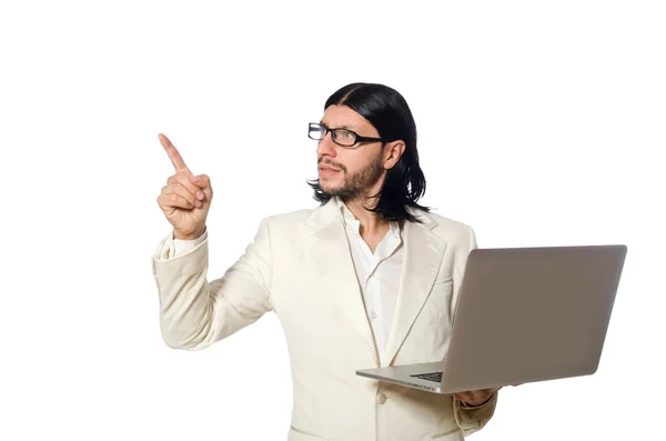 Dizüstü bilgisayarı olan genç adam beyazda izole edilmiş. — Stok fotoğraf