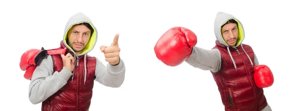 Man wearing boxing gloves isolated on white — Stock Photo, Image