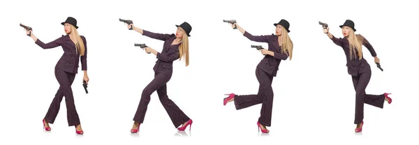 Jeune femme gangster avec pistolet sur blanc — Photo