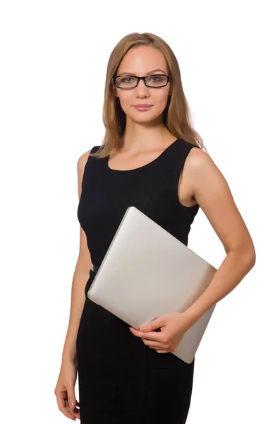 Donna con laptop isolato su bianco — Foto Stock
