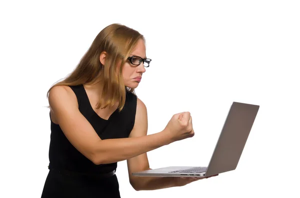 Γυναίκα με φορητό υπολογιστή απομονωμένο σε λευκό — Φωτογραφία Αρχείου