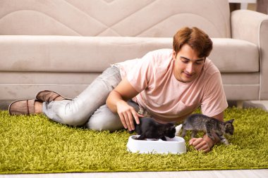 Genç adam evde kedi yavrusuyla oynuyor.