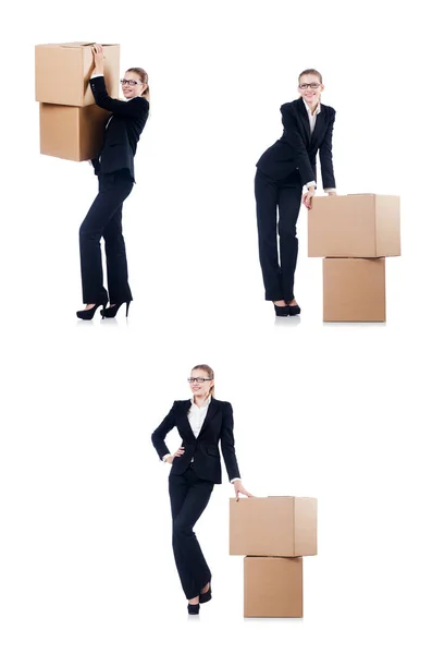 Businesswoman with boxes isolated on white — Stock Photo, Image