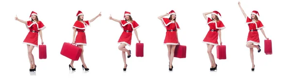 Junge Frau im roten Weihnachtsmannkostüm mit Koffer — Stockfoto