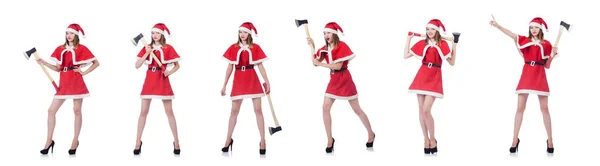 Giovane donna in costume da Babbo Natale rosso su bianco — Foto Stock