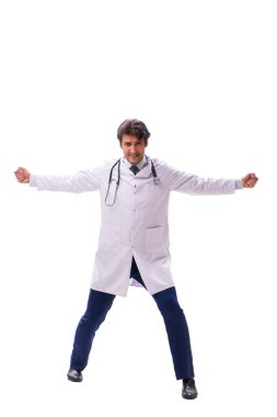 Baskı altındaki genç ve yakışıklı doktor beyazlara izole edilmiş.