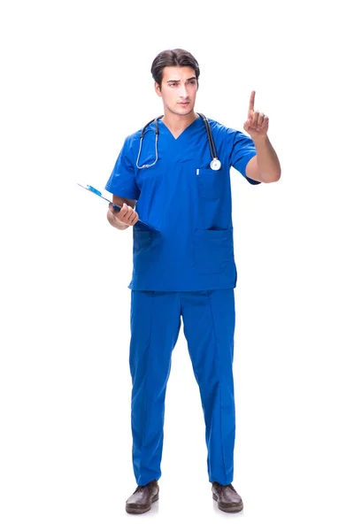 Jeune médecin masculin appuyant sur des boutons isolés sur blanc — Photo