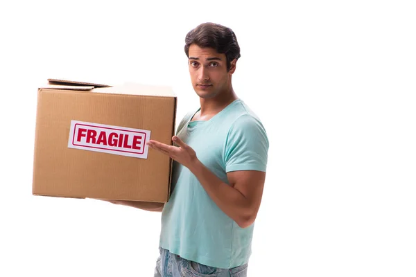 Joven hombre guapo con caja frágil ordenado desde Internet —  Fotos de Stock