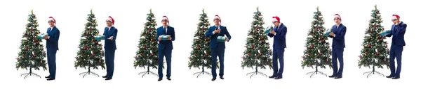 Businessman decorating christmas tree isolated on white — Stock Photo, Image