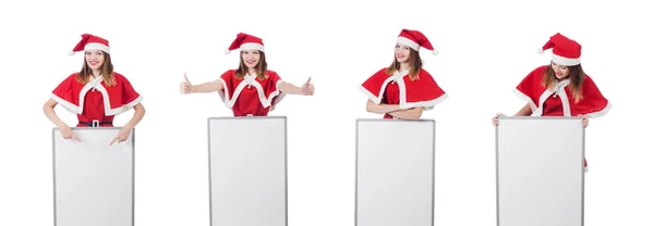 Jovem mulher no vermelho santa traje no branco — Fotografia de Stock