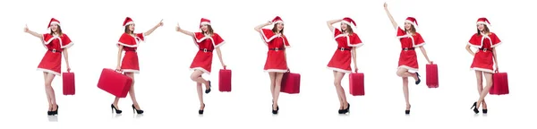 Giovane donna in costume da Babbo Natale rosso con valigia — Foto Stock