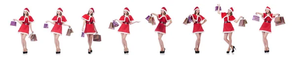 Young woman in red santa costume on white — Stock Photo, Image