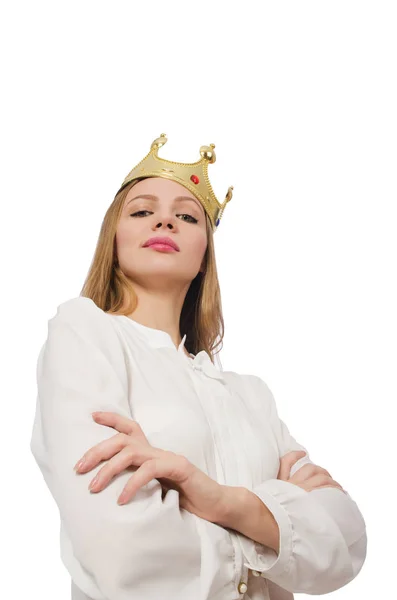 Woman queen wearing crown isolated on white — Stock Photo, Image