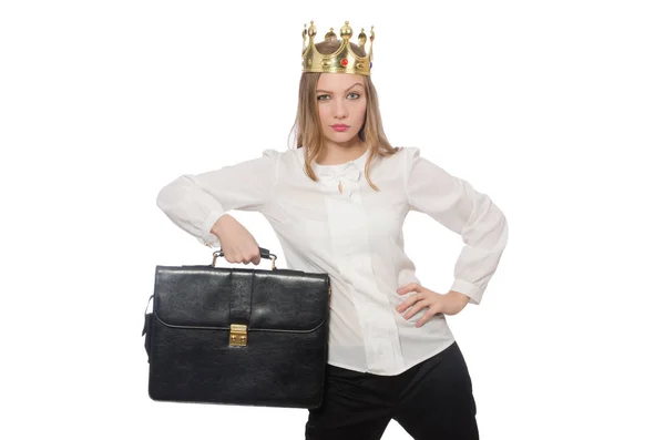 Kvinna drottning bär krona isolerad på vitt — Stockfoto