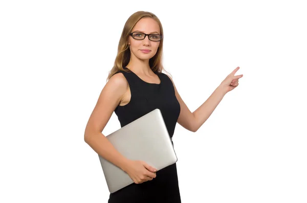 Kobieta z laptopem na białym — Zdjęcie stockowe