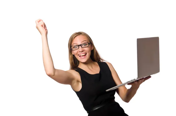 Vrouw met laptop geïsoleerd op wit — Stockfoto