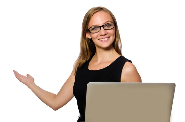 Mujer con portátil aislado en blanco — Foto de Stock