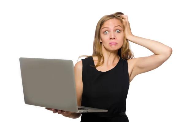 Vrouw met laptop geïsoleerd op wit — Stockfoto