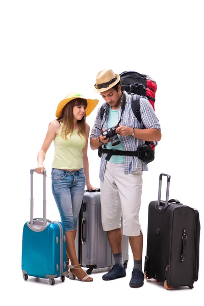 Young family preparing for vacation travel on white — Stock Photo, Image