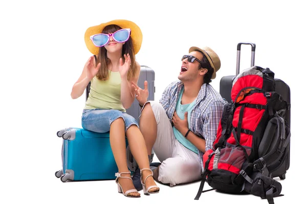 Young family preparing for vacation travel on white — Stock Photo, Image