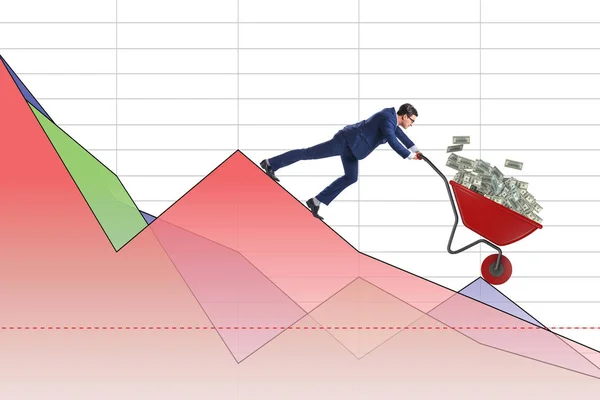 Zakenman duwt geld kruiwagen van de grafiek — Stockfoto