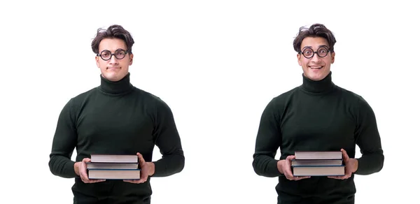 Mladý student blbeček s knihami izolované na bílém — Stock fotografie