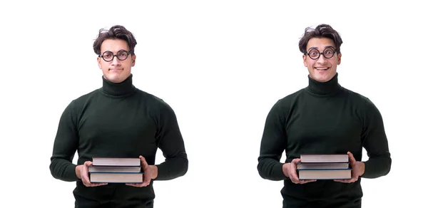 Nerd jeune étudiant avec des livres isolés sur blanc — Photo