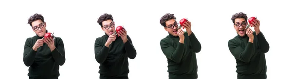 Nerd joven con piggybank aislado en blanco —  Fotos de Stock