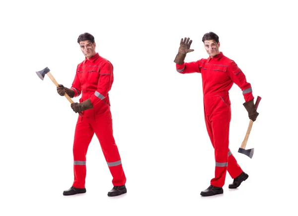 Contractor employee with axe on white background — Stock Photo, Image